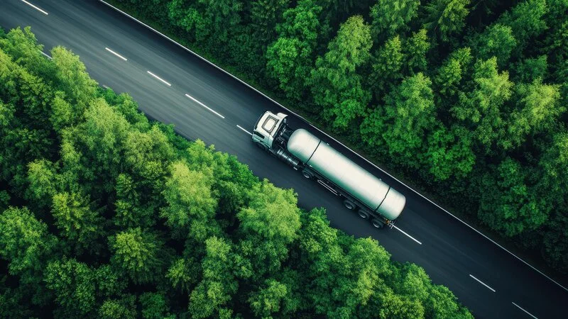 Gas-truck-trailer-on-road-in-green-forest